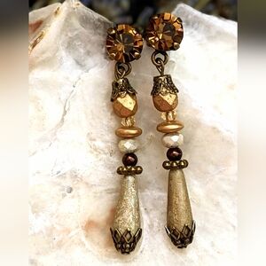 Victorian Rustic Ivory & Gold Swarovski Crystal In Drop Brass Earrings